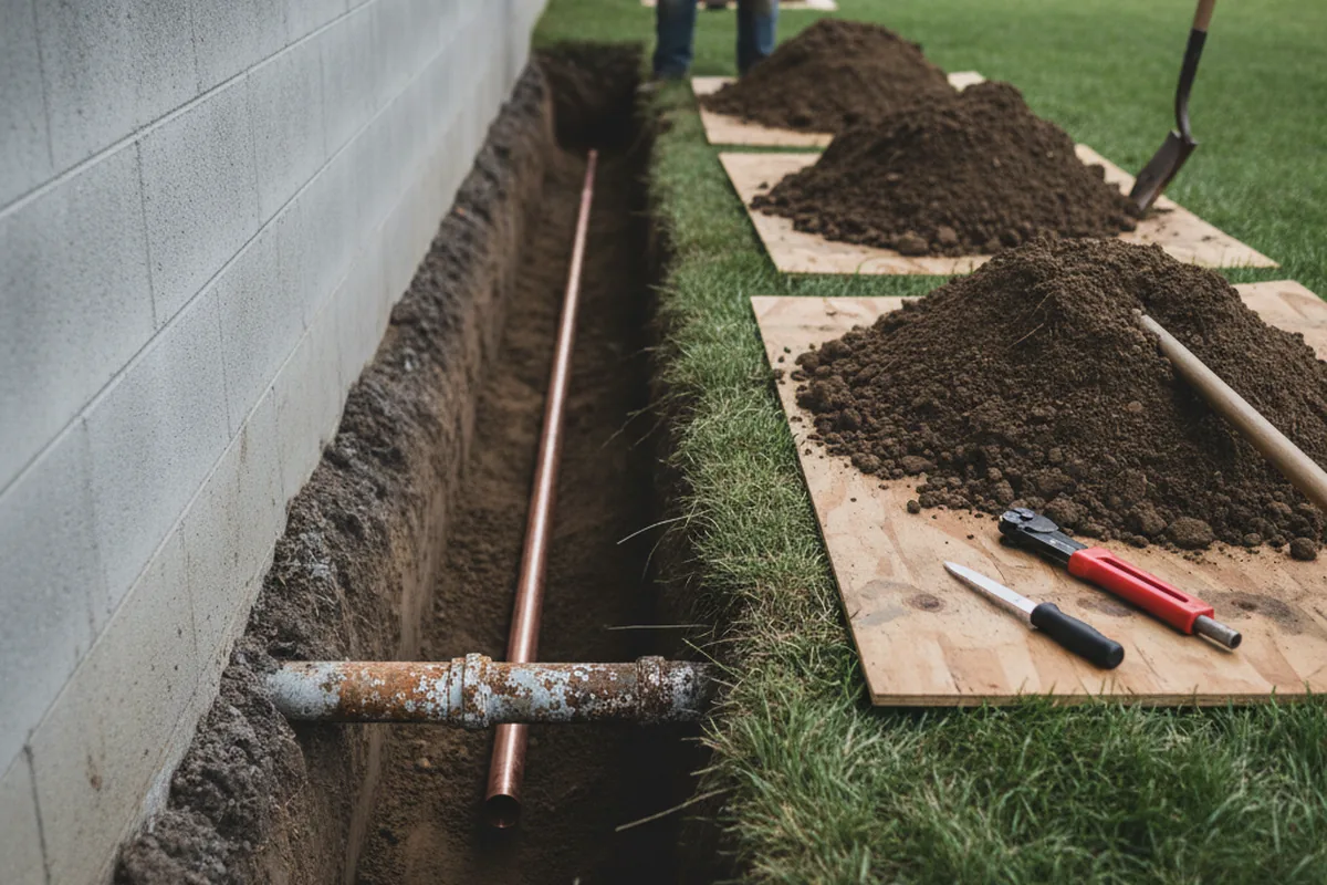 Excavated water line trench during Sewer Line Repair in Floyd